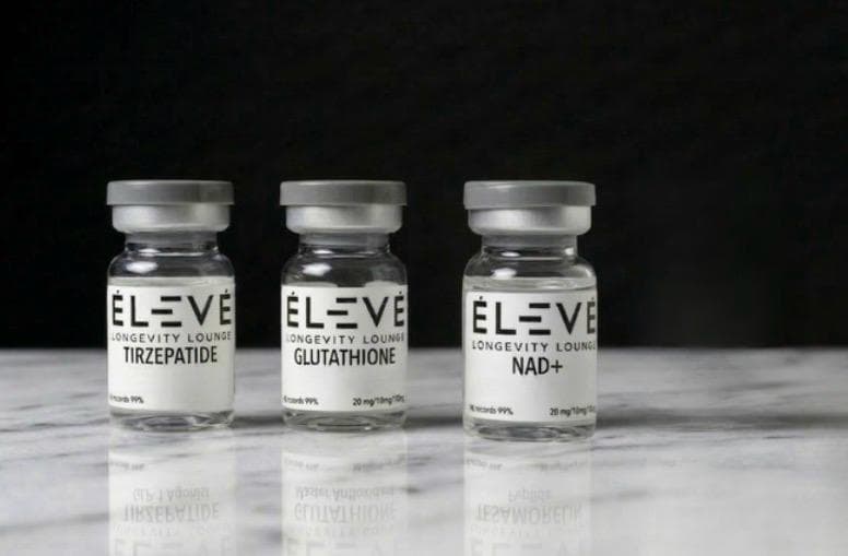 Eleve Longevity Lounge branded peptide vials — Tirzepatide, Glutathione, and NAD+