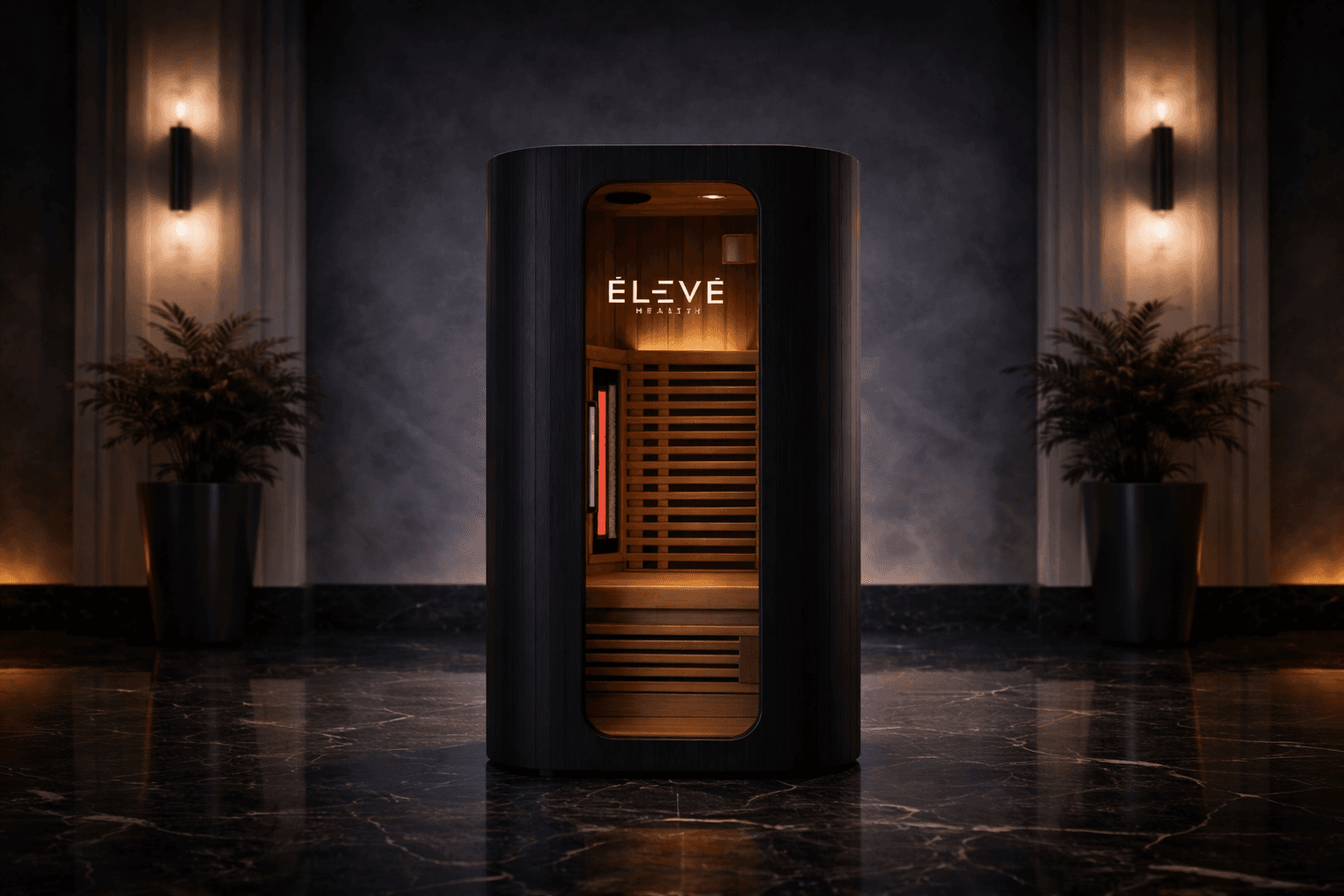 Eleve Health branded infrared sauna pods in luxury setting