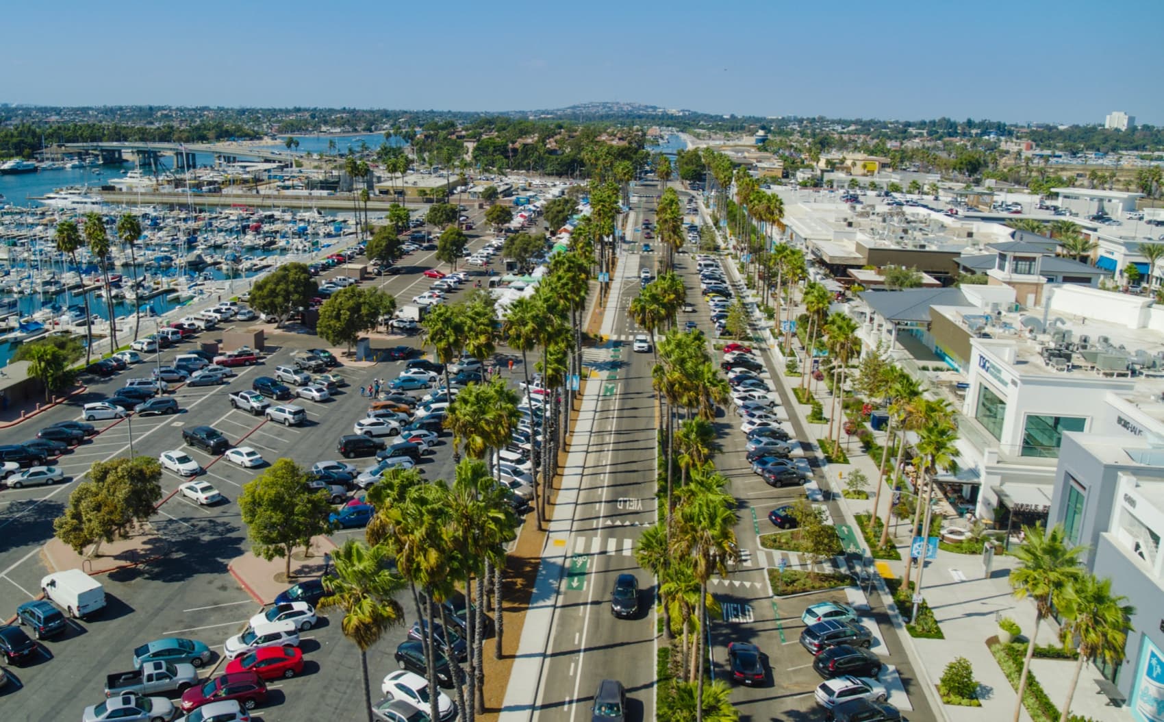 Aerial view of the Long Beach waterfront marina, palm-lined boulevard, and marketplace